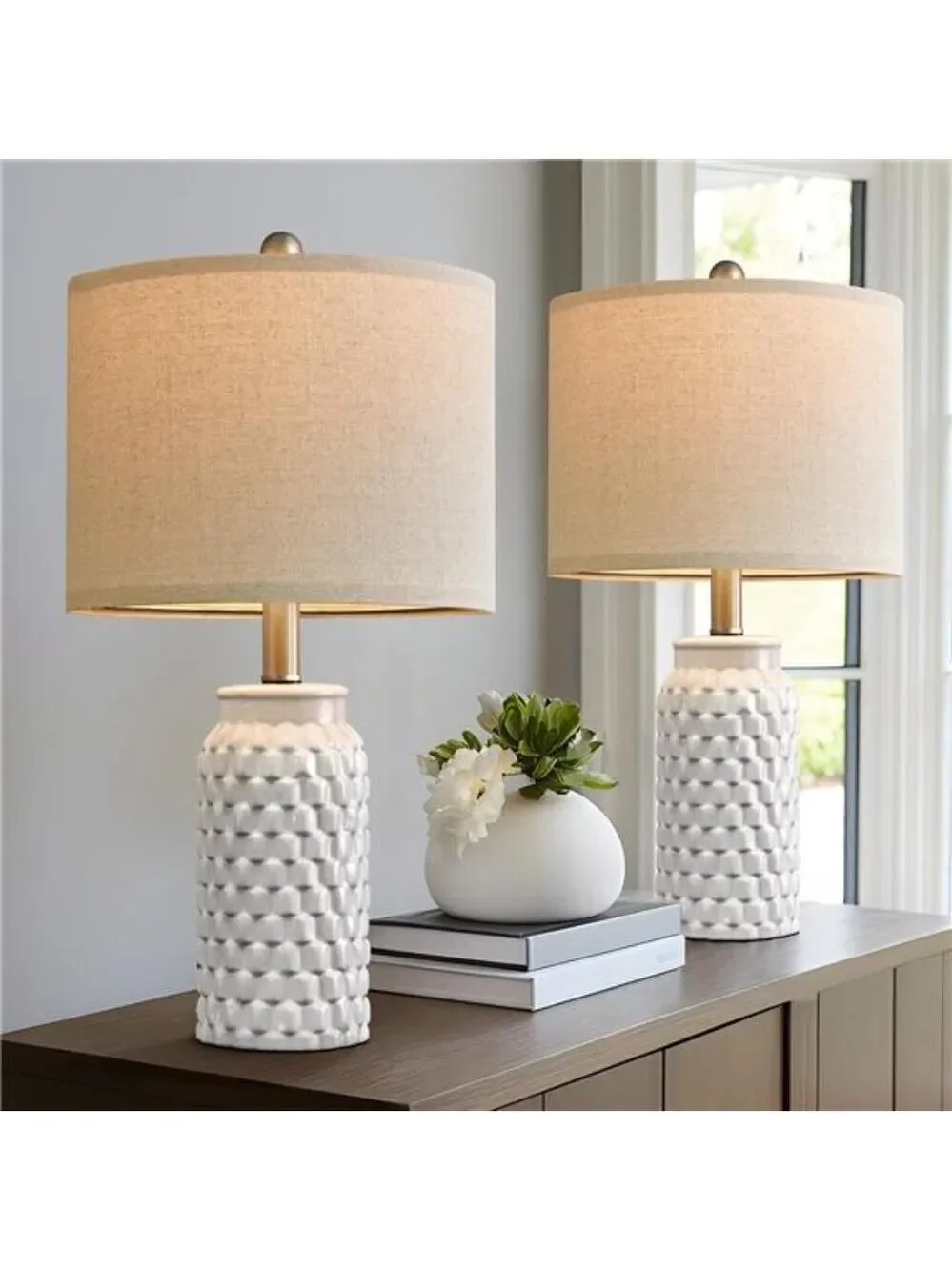 White ceramic table lamp set of 2 modern farmhouse bedside lamps for bedroom